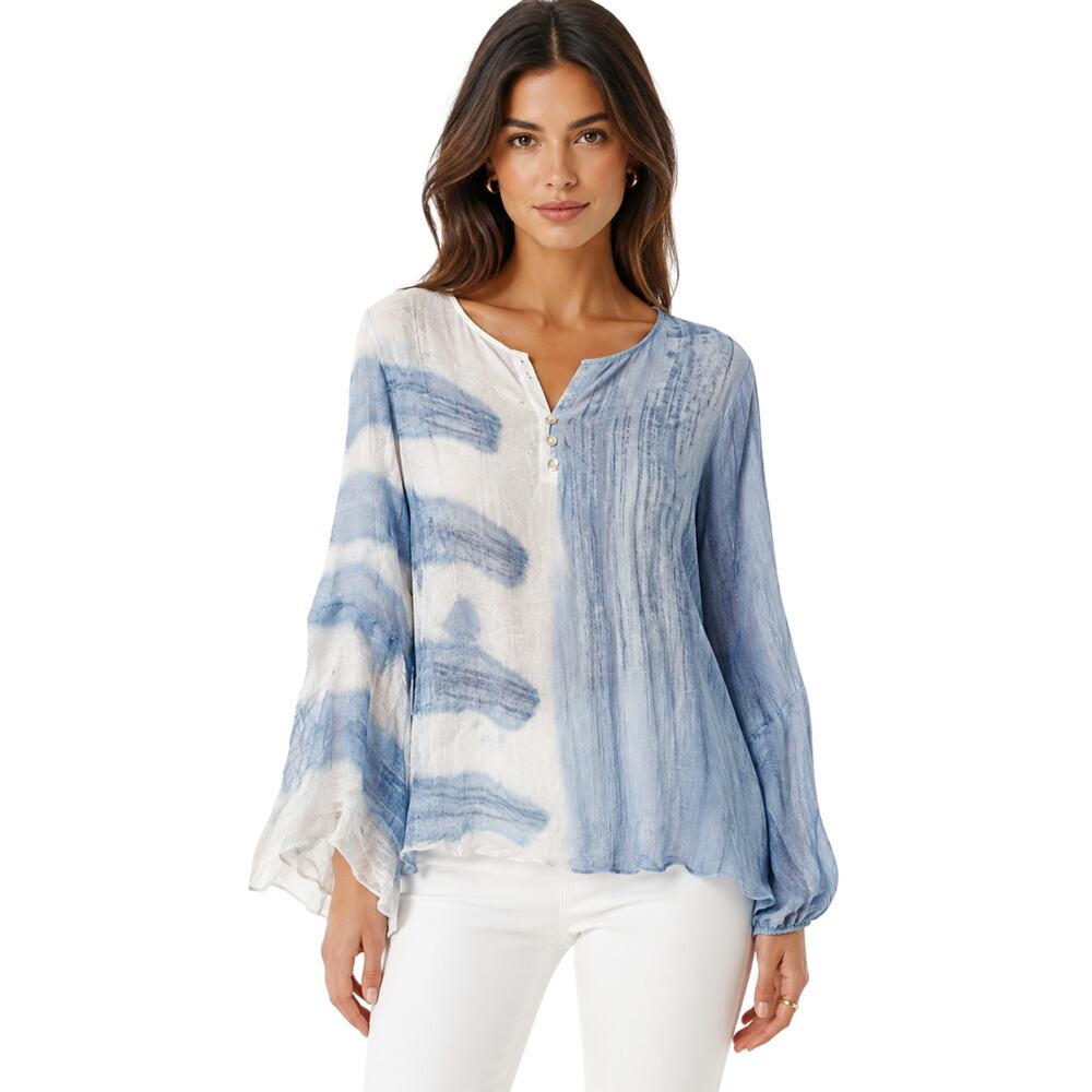 Shana Apparel Blue White Abstract Bell Sleeve Blouse NWT Size L
